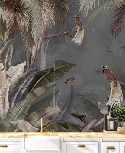 grey jungle wall mural called Jungle Birds and Butterflies Grey at Wallsauce for bathrooms, kitchens and living rooms grey jungle wall mural called Jungle Birds and Butterflies Grey at Wallsauce for bathrooms, kitchens and living rooms
