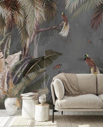 gray jungle wall mural called Jungle Birds and Butterflies Gray at Wallsauce for bathrooms, kitchens and living rooms gray jungle wall mural called Jungle Birds and Butterflies Gray at Wallsauce for bathrooms, kitchens and living rooms