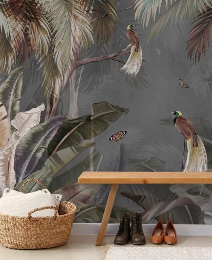 grå djungel väggmålning som heter Jungle Birds and Butterflies Grey på Wallsauce för badrum, kök och vardagsrum grå djungel väggmålning som heter Jungle Birds and Butterflies Grey på Wallsauce för badrum, kök och vardagsrum