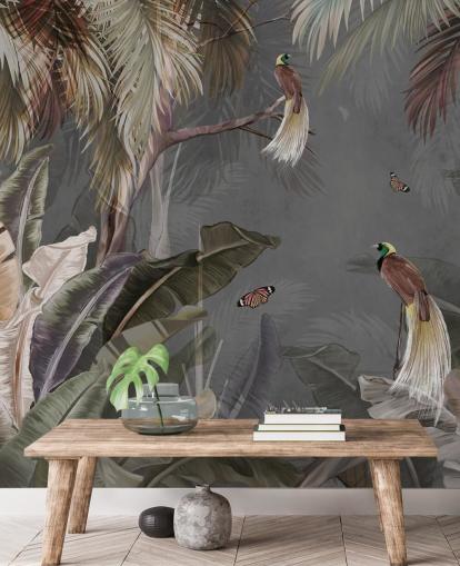grey jungle wall mural called Jungle Birds and Butterflies Grey at Wallsauce for bathrooms, kitchens and living rooms grey jungle wall mural called Jungle Birds and Butterflies Grey at Wallsauce for bathrooms, kitchens and living rooms