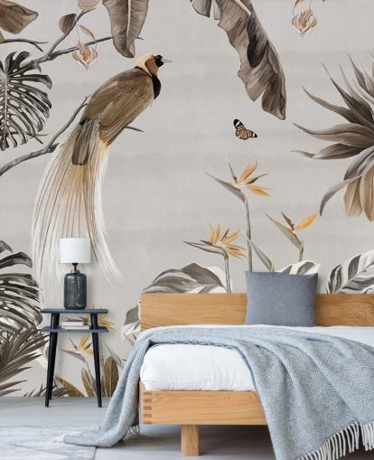 white jungle wallpaper mural called Jungle Birds and Butterflies White at Wallsauce for bedrooms, dining rooms and bathrooms white jungle wallpaper mural called Jungle Birds and Butterflies White at Wallsauce for bedrooms, dining rooms and bathrooms