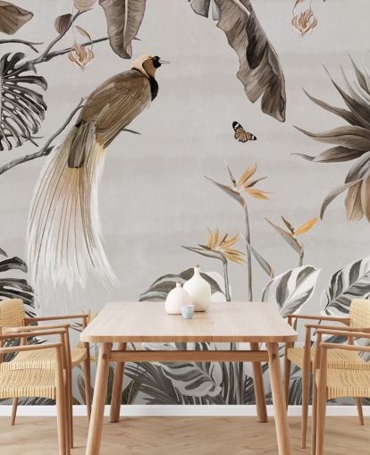 white jungle wallpaper mural called Jungle Birds and Butterflies White at Wallsauce for bedrooms, dining rooms and bathrooms white jungle wallpaper mural called Jungle Birds and Butterflies White at Wallsauce for bedrooms, dining rooms and bathrooms