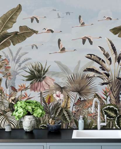 blå flamingo tapet kalt Jungle Flamingo Flamboyance Blue på Wallsauce for soverom blå flamingo tapet kalt Jungle Flamingo Flamboyance Blue på Wallsauce for soverom