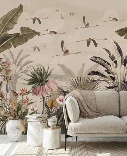 beige flamingo-taustakuvamaalaus nimeltä Jungle Flamingo Flamboyance Wallsaucessa makuuhuoneisiin ja olohuoneisiin beige flamingo-taustakuvamaalaus nimeltä Jungle Flamingo Flamboyance Wallsaucessa makuuhuoneisiin ja olohuoneisiin