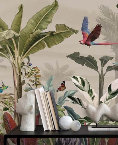 beige jungle tapetmaleri kaldet Parrot Flying Through the Jungle Beige på Wallsauce til soveværelser og stuer beige jungle tapetmaleri kaldet Parrot Flying Through the Jungle Beige på Wallsauce til soveværelser og stuer