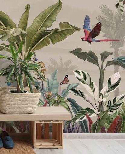 Beiges Wandbild mit Dschungel-Tapete namens Parrot Flying Through the Jungle Beige in Wallsauce für Schlafzimmer und Wohnzimmer Beiges Wandbild mit Dschungel-Tapete namens Parrot Flying Through the Jungle Beige in Wallsauce für Schlafzimmer und Wohnzimmer