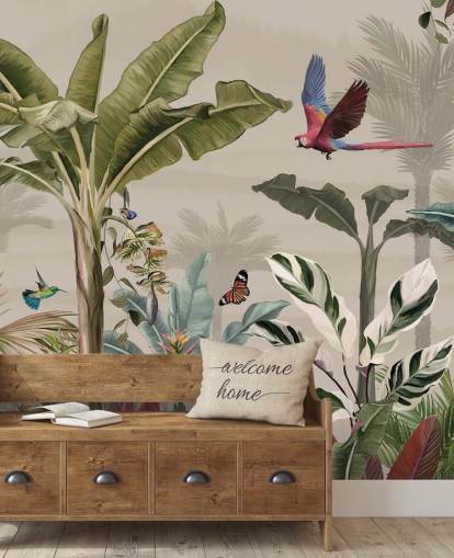 beige jungel tapetmaleri kalt Parrot Flying Through the Jungle Beige på Wallsauce for soverom og stuer beige jungel tapetmaleri kalt Parrot Flying Through the Jungle Beige på Wallsauce for soverom og stuer