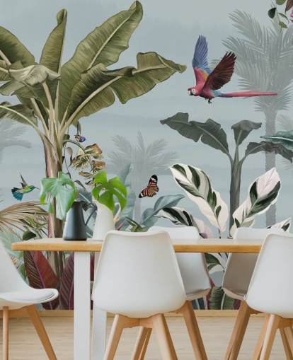 blue jungle wallpaper called Parrot Flying Through the Jungle Blue at Wallsauce for living rooms blue jungle wallpaper called Parrot Flying Through the Jungle Blue at Wallsauce for living rooms