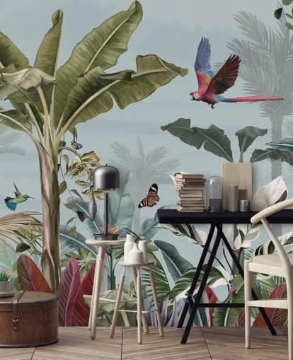 papel de parede azul da selva chamado Parrot Flying Through the Jungle Blue at Wallsauce para salas de estar papel de parede azul da selva chamado Parrot Flying Through the Jungle Blue at Wallsauce para salas de estar