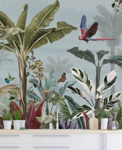 blå jungel tapet kalt Parrot Flying Through the Jungle Blue på Wallsauce for stuer blå jungel tapet kalt Parrot Flying Through the Jungle Blue på Wallsauce for stuer