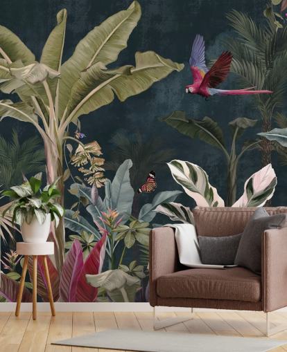 mural de papel de parede da selva chamado Parrot Flying Through the Jungle at Wallsauce para quartos e salas de estar mural de papel de parede da selva chamado Parrot Flying Through the Jungle at Wallsauce para quartos e salas de estar