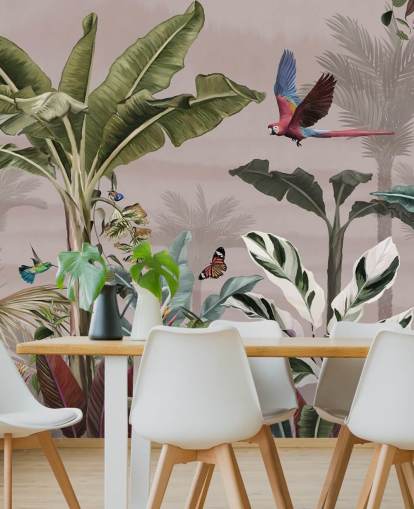 carta da parati murale rosa con giungla chiamata Parrot Flying Through the Jungle Pink at Wallsauce per camere da letto e bagni carta da parati murale rosa con giungla chiamata Parrot Flying Through the Jungle Pink at Wallsauce per camere da letto e bagni