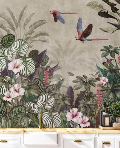 beige papukaijatapetti nimeltä Parrot Jungle Flight Wallsaucessa makuuhuoneisiin, kylpyhuoneisiin ja olohuoneisiin beige papukaijatapetti nimeltä Parrot Jungle Flight Wallsaucessa makuuhuoneisiin, kylpyhuoneisiin ja olohuoneisiin