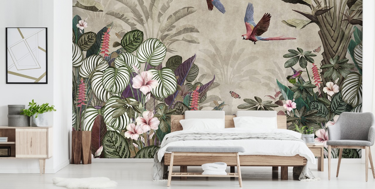 beige parrot wallpaper called Parrot Jungle Flight at Wallsauce for bedrooms, bathrooms and living rooms beige parrot wallpaper called Parrot Jungle Flight at Wallsauce for bedrooms, bathrooms and living rooms