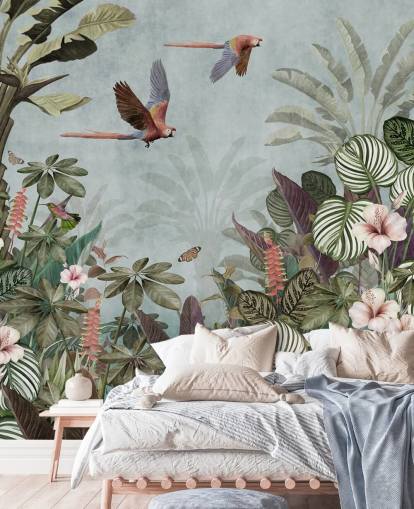 blå papegøje tapetmaleri kaldet Parrot Jungle Flight Blue på Wallsauce til soveværelser og stuer blå papegøje tapetmaleri kaldet Parrot Jungle Flight Blue på Wallsauce til soveværelser og stuer