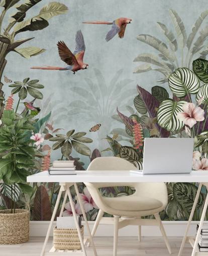 mural de papel de parede de papagaio azul chamado Parrot Jungle Flight Blue em Wallsauce para quartos e salas de estar mural de papel de parede de papagaio azul chamado Parrot Jungle Flight Blue em Wallsauce para quartos e salas de estar