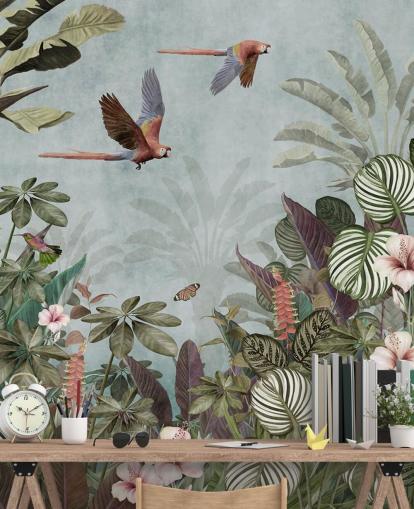 blue parrot wallpaper mural called Parrot Jungle Flight Blue at Wallsauce for bedrooms and living rooms blue parrot wallpaper mural called Parrot Jungle Flight Blue at Wallsauce for bedrooms and living rooms