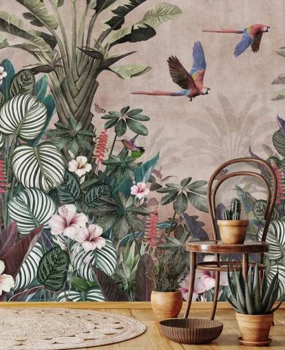 vaaleanpunainen papukaijan taustakuvamaalaus nimeltä Parrot Jungle Flight Pink Wallsaucessa makuuhuoneisiin, olohuoneisiin ja kylpyhuoneisiin vaaleanpunainen papukaijan taustakuvamaalaus nimeltä Parrot Jungle Flight Pink Wallsaucessa makuuhuoneisiin, olohuoneisiin ja kylpyhuoneisiin