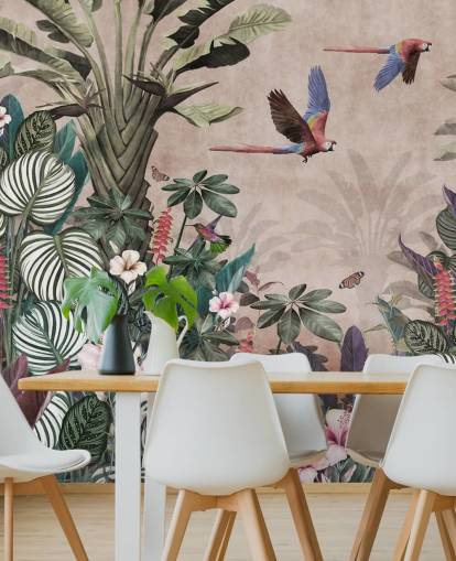 mural de papel de parede de papagaio rosa chamado Parrot Jungle Flight Pink at Wallsauce para quartos, salas de estar e banheiros mural de papel de parede de papagaio rosa chamado Parrot Jungle Flight Pink at Wallsauce para quartos, salas de estar e banheiros