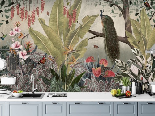 Pfauentapete namens Pfau im Dschungel in Wallsauce für Schlafzimmer, Wohnzimmer und Esszimmer