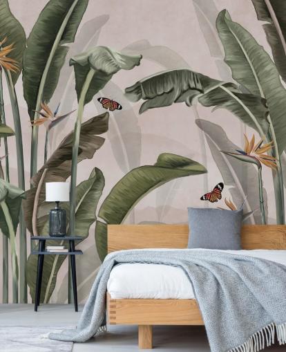 mural rosa de la jungla llamado Palm Trees and Butterflies Pink at Wallsauce para dormitorios y salas de estar mural rosa de la jungla llamado Palm Trees and Butterflies Pink at Wallsauce para dormitorios y salas de estar