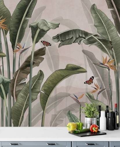 vaaleanpunainen viidakon taustakuvamaalaus nimeltä Palm Trees and Butterflies Pink Wallsaucessa makuuhuoneisiin ja olohuoneisiin vaaleanpunainen viidakon taustakuvamaalaus nimeltä Palm Trees and Butterflies Pink Wallsaucessa makuuhuoneisiin ja olohuoneisiin