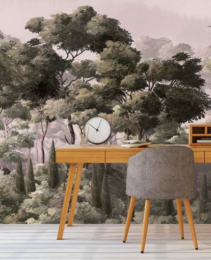 rosa og grønt skogstapetveggmaleri kalt Vintage Forest Landscape Pink på Wallsauce for soverom og stuer rosa og grønt skogstapetveggmaleri kalt Vintage Forest Landscape Pink på Wallsauce for soverom og stuer