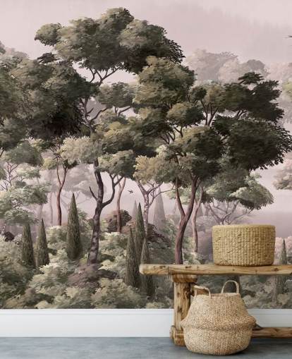 vaaleanpunainen ja vihreä metsätaustakuvamaalaus nimeltä Vintage Forest Landscape Pink Wallsaucessa makuuhuoneisiin ja olohuoneisiin vaaleanpunainen ja vihreä metsätaustakuvamaalaus nimeltä Vintage Forest Landscape Pink Wallsaucessa makuuhuoneisiin ja olohuoneisiin