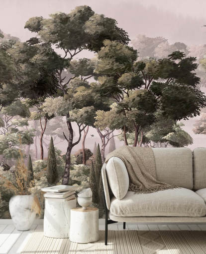 pink and green forest wallpaper mural called Vintage Forest Landscape Pink at Wallsauce for bedrooms and living rooms pink and green forest wallpaper mural called Vintage Forest Landscape Pink at Wallsauce for bedrooms and living rooms