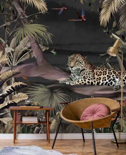 mural de papel de parede da selva escura chamado Relaxing Jungle Jaguar Dark at Wallsauce para quartos e salas de estar mural de papel de parede da selva escura chamado Relaxing Jungle Jaguar Dark at Wallsauce para quartos e salas de estar