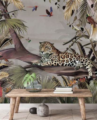 mural de papel pintado de la jungla llamado Relaxing Jungle Jaguar at Wallsauce para dormitorios, pasillos y comedores mural de papel pintado de la jungla llamado Relaxing Jungle Jaguar at Wallsauce para dormitorios, pasillos y comedores