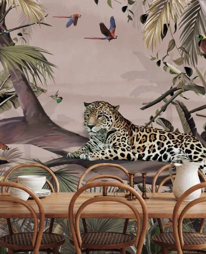 lyserød jungle tapetmaleri kaldet Relaxing Jungle Jaguar Pink på Wallsauce til stuer, soveværelser og badeværelser lyserød jungle tapetmaleri kaldet Relaxing Jungle Jaguar Pink på Wallsauce til stuer, soveværelser og badeværelser