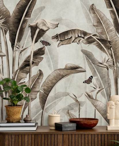 mural de papel de parede tropical sépia chamado Sepia Palm Leaves and Butterflies at Wallsauce para escritórios domésticos, banheiros e cozinhas mural de papel de parede tropical sépia chamado Sepia Palm Leaves and Butterflies at Wallsauce para escritórios domésticos, banheiros e cozinhas