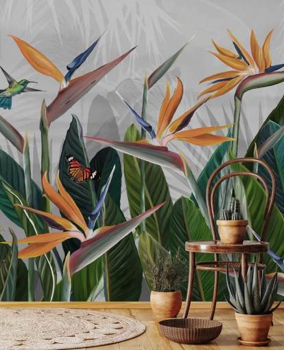 farverigt tropisk tapetmaleri kaldet Tropical Forest Flowers and Birds på Wallsauce til soveværelser og spisestuer farverigt tropisk tapetmaleri kaldet Tropical Forest Flowers and Birds på Wallsauce til soveværelser og spisestuer