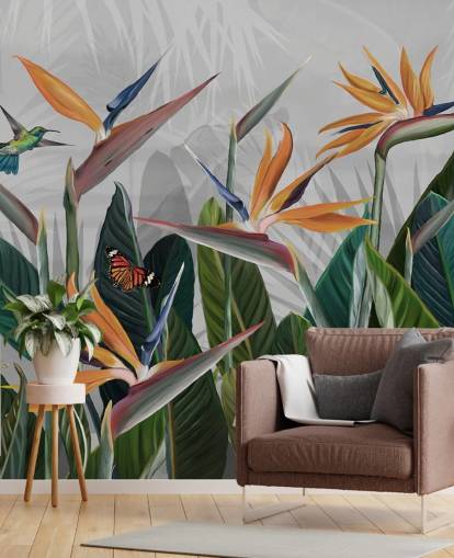 fargerikt tropisk tapetmaleri kalt Tropical Forest Flowers and Birds på Wallsauce for soverom og spiserom fargerikt tropisk tapetmaleri kalt Tropical Forest Flowers and Birds på Wallsauce for soverom og spiserom
