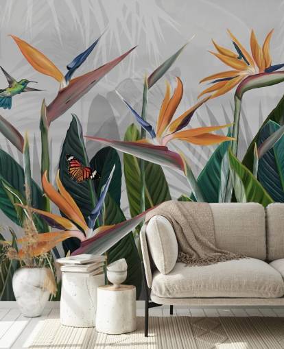 colourful tropical wallpaper mural called Tropical Forest Flowers and Birds at Wallsauce for bedrooms and dining rooms colourful tropical wallpaper mural called Tropical Forest Flowers and Birds at Wallsauce for bedrooms and dining rooms