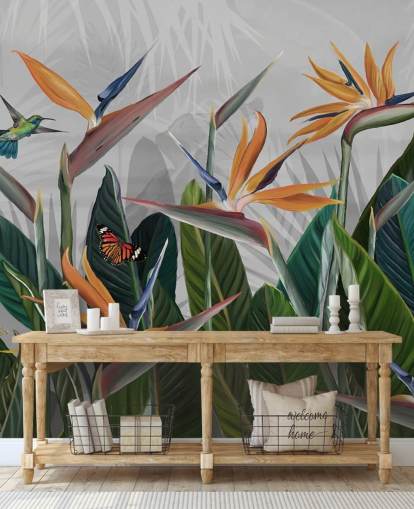 farbenfrohes tropisches Tapeten-Wandbild mit dem Titel Tropical Forest Flowers and Birds at Wallsauce für Schlafzimmer und Esszimmer farbenfrohes tropisches Tapeten-Wandbild mit dem Titel Tropical Forest Flowers and Birds at Wallsauce für Schlafzimmer und Esszimmer