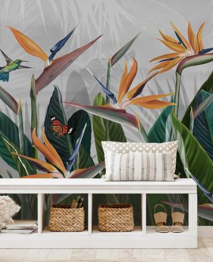 mural de papel de parede tropical colorido chamado Tropical Forest Flowers and Birds at Wallsauce para quartos e salas de jantar mural de papel de parede tropical colorido chamado Tropical Forest Flowers and Birds at Wallsauce para quartos e salas de jantar