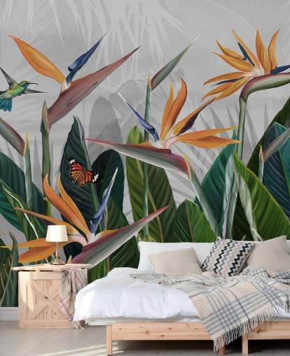 färgglad tropisk tapetväggmålning kallad Tropical Forest Flowers and Birds på Wallsauce för sovrum och matsalar färgglad tropisk tapetväggmålning kallad Tropical Forest Flowers and Birds på Wallsauce för sovrum och matsalar