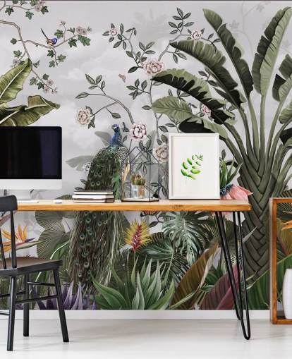 grey peacock wallpaper mural called Tropical Forest Peacock Grey at Wallsauce for bathrooms, kitchens and bedrooms grey peacock wallpaper mural called Tropical Forest Peacock Grey at Wallsauce for bathrooms, kitchens and bedrooms