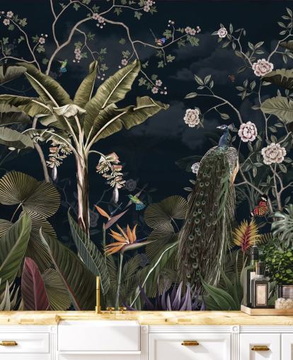 navy peacock wall mural called Tropical Forest Peacock Navy at Wallsauce for bedrooms and living rooms navy peacock wall mural called Tropical Forest Peacock Navy at Wallsauce for bedrooms and living rooms