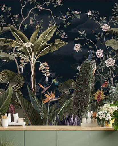 navy peacock wall mural called Tropical Forest Peacock Navy at Wallsauce for bedrooms and living rooms navy peacock wall mural called Tropical Forest Peacock Navy at Wallsauce for bedrooms and living rooms