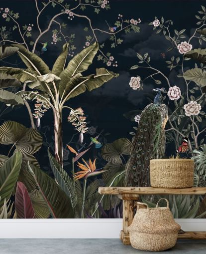 mural de parede de pavão azul marinho chamado Tropical Forest Peacock Navy at Wallsauce para quartos e salas de estar mural de parede de pavão azul marinho chamado Tropical Forest Peacock Navy at Wallsauce para quartos e salas de estar