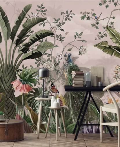 pink tropical wallpaper mural called Tropical Forest Peacock Pink at Wallsauce for bedrooms and living rooms pink tropical wallpaper mural called Tropical Forest Peacock Pink at Wallsauce for bedrooms and living rooms
