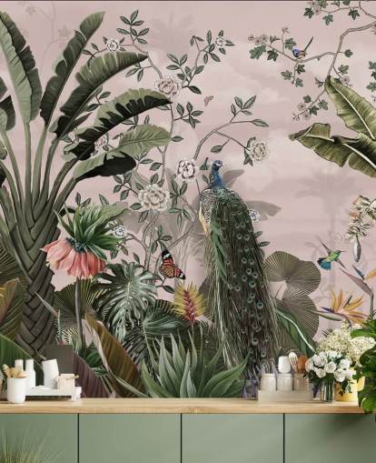 vaaleanpunainen trooppinen taustakuvamaalaus nimeltä Tropical Forest Peacock Pink Wallsaucessa makuuhuoneisiin ja olohuoneisiin vaaleanpunainen trooppinen taustakuvamaalaus nimeltä Tropical Forest Peacock Pink Wallsaucessa makuuhuoneisiin ja olohuoneisiin