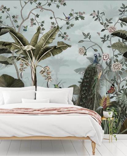 sky blue jungle wall mural called Tropical Forest Peacock Sky Blue at Wallsauce for bedrooms, bathrooms and dining rooms sky blue jungle wall mural called Tropical Forest Peacock Sky Blue at Wallsauce for bedrooms, bathrooms and dining rooms
