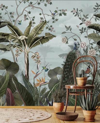 sky blue jungle wall mural called Tropical Forest Peacock Sky Blue at Wallsauce for bedrooms, bathrooms and dining rooms sky blue jungle wall mural called Tropical Forest Peacock Sky Blue at Wallsauce for bedrooms, bathrooms and dining rooms