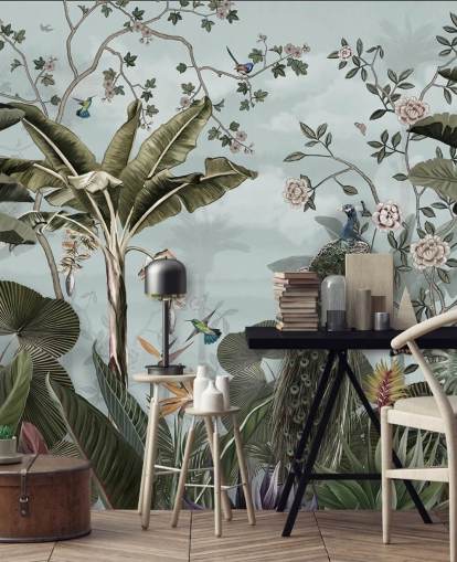 sky blue jungle wall mural called Tropical Forest Peacock Sky Blue at Wallsauce for bedrooms, bathrooms and dining rooms sky blue jungle wall mural called Tropical Forest Peacock Sky Blue at Wallsauce for bedrooms, bathrooms and dining rooms