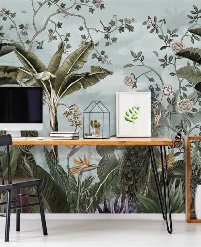 taivaansininen viidakon seinämaalaus nimeltä Tropical Forest Peacock Sky Blue Wallsaucessa makuuhuoneisiin, kylpyhuoneisiin ja ruokasaleihin taivaansininen viidakon seinämaalaus nimeltä Tropical Forest Peacock Sky Blue Wallsaucessa makuuhuoneisiin, kylpyhuoneisiin ja ruokasaleihin