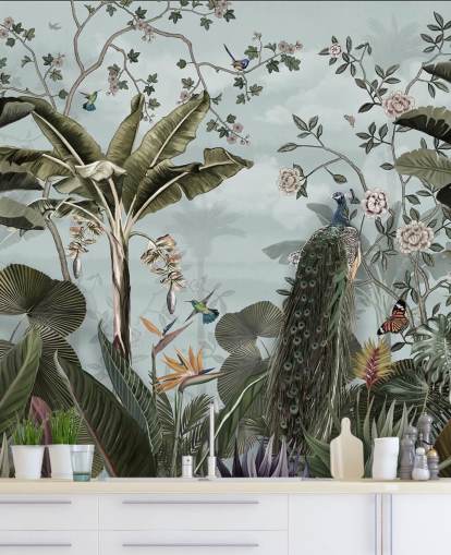 himmelblå jungle vægmaleri kaldet Tropical Forest Peacock Sky Blue på Wallsauce til soveværelser, badeværelser og spisestuer himmelblå jungle vægmaleri kaldet Tropical Forest Peacock Sky Blue på Wallsauce til soveværelser, badeværelser og spisestuer